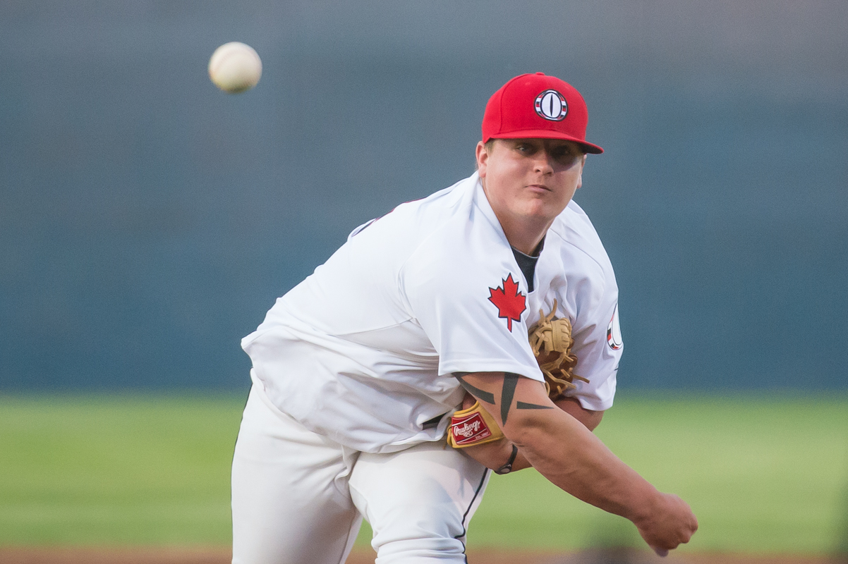 Ottawa Fat Cats pitcher Brandon Huffman on the mound in game against the Kitchener Panthers in the season opener at the Ottawa Stadium on Saturday May 19th, 2012. The Fat Cats defeated the Panther by a score of 7-0.