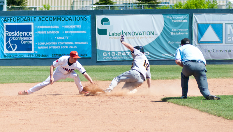 Kitchener Panthers Mat Taube (19) slides into second base in the game against the Ottawa Fat Cats at the Ottawa Stadium on Monday May 21th, 2012. The Panthers defeated the Fat Cats by a score of 12-11.