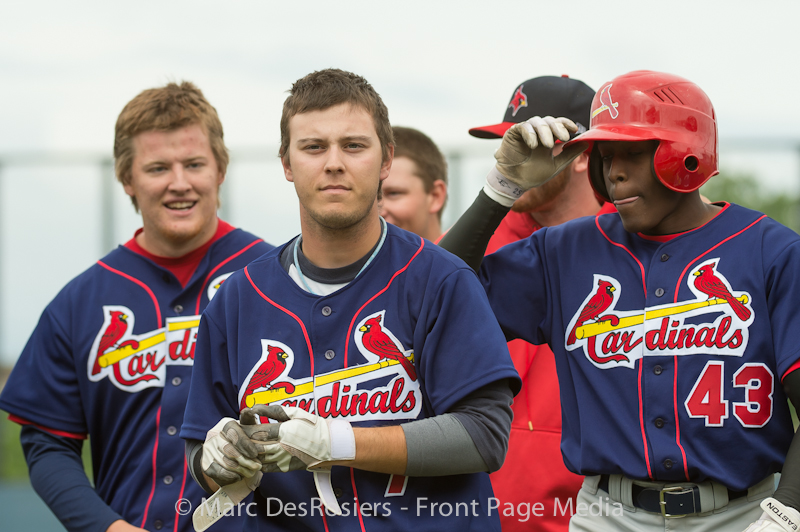 Hamilton Cardinals Short Stop Chris Redfern's single to center field enables Tim Black to run home for the win in games against the Ottawa Fat Cats by a score of 7-6 on Monday June 4th, 2012